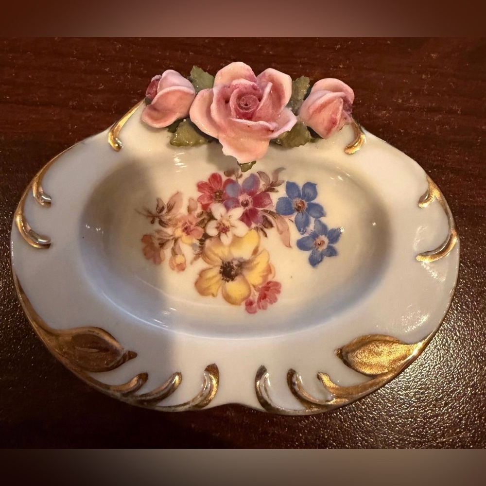 Floral Porcelain Trinket Dish with Gold Accents